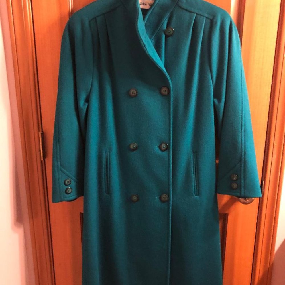 Womens long wool coat. Teal. John Weitz. 100% wool.